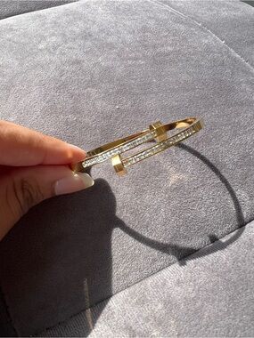 Gold Crystal Accent Double-Row Bangle Bracelet
